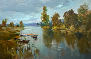 Pintura titulada "Ferry on a long riv…" por Yuriy Suprunchuk, Obra de arte original, Oleo Montado en Cartulina
