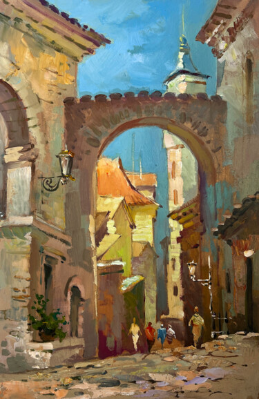 Pittura intitolato "Old street of the c…" da Yuriy Suprunchuk, Opera d'arte originale, Olio Montato su Cartone