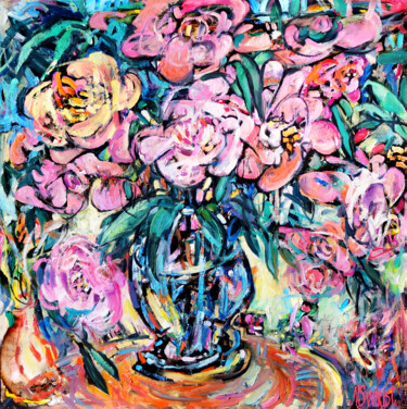 Pintura intitulada "Peonies 2" por Nikita Ostapenco, Obras de arte originais, Óleo Montado em Armação em madeira