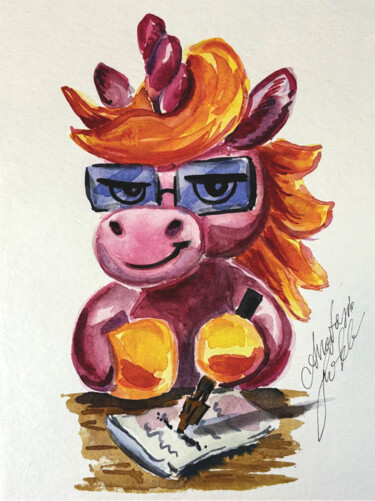"Bill Watterson-Style Unicorn Writer - Whimsical Watercolor