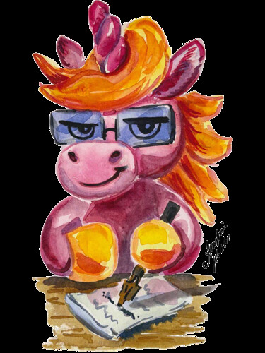 "Bill Watterson-Style Unicorn Writer - Whimsical Watercolor Pintura titulada ""Bill Watterson-Sty…" por Anastasia Kokler, Obra de arte original, Acuarela