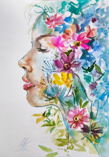 Watercolor Floral Portrait on Textured Paper, Feminine Profi Tekening getiteld "Watercolor Floral P…" door Annet Loginova, Origineel Kunstwerk, Aquarel