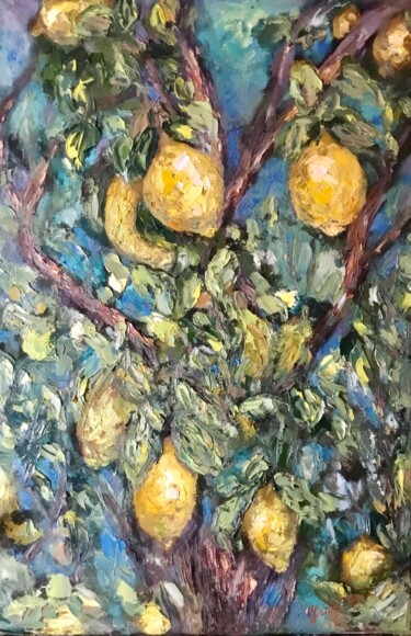 Original Lemon Tree Oil Painting – Mediterranean Inspired Schilderij getiteld "Original Lemon Tree…" door Raissa Kagan, Origineel Kunstwerk, Olie
