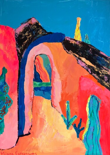 Tropical Neon Sunset – Abstract Coastal Landscape in Pink "Tropical Neon Sunse…" başlıklı Tablo Milana Expressions tarafından, Orijinal sanat, Akrilik Ahşap Sedye çerçevesi üzerine m…