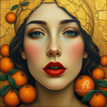 数字艺术 标题为“Girl with oranges” 由Davina Dugnas, 原创艺术品, 数字油画 安装在木质担架架上