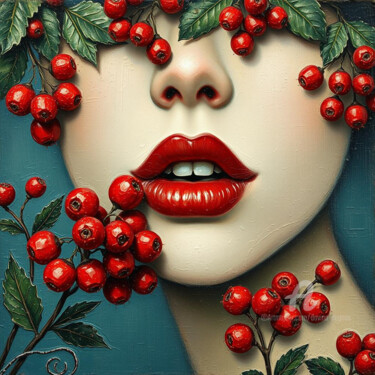 数字艺术 标题为“Red cherry lips” 由Davina Dugnas, 原创艺术品, 数字油画 安装在木质担架架上