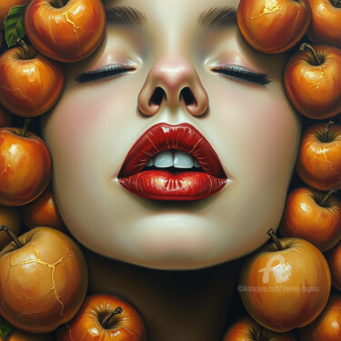 Digital Arts titled "Apples and red lips" by Davina Dugnas, Original Artwork, Digital Painting Mounted on Wood Stretcher fra…