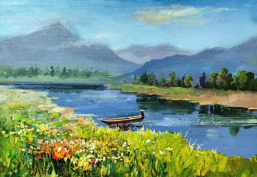 Flowers by the River Schilderij getiteld "Flowers by the River" door Onpumi, Origineel Kunstwerk, Olie Gemonteerd op Karton