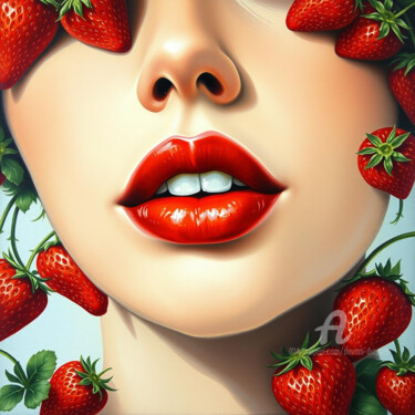 Digitale Kunst getiteld "Strawberry lips" door Davina Dugnas, Origineel Kunstwerk, Digitaal Schilderwerk Gemonteerd op Frame…