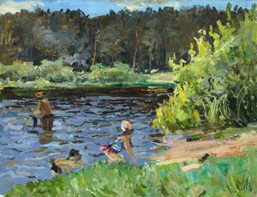Bathing Season Malarstwo zatytułowany „Bathing Season” autorstwa Onpumi, Oryginalna praca, Olej Zamontowany na Inny sztywny panel