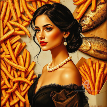 Arte digitale intitolato "Fish and chips" da Davina Dugnas, Opera d'arte originale, Collage digitale Montato su Telaio per b…