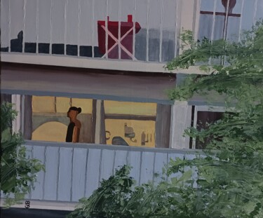 绘画 标题为“Femme au balcon” 由Guy Bonnet, 原创艺术品, 丙烯 安装在木质担架架上