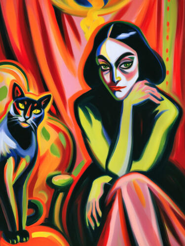 Expressionistische Frau mit Katze Digitale Kunst getiteld "Expressionistische…" door Frank Daske, Origineel Kunstwerk, Olie