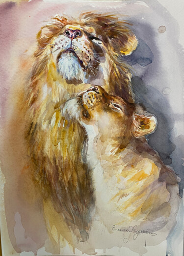 绘画 标题为“Lion and lioness.” 由Elena Reutova, 原创艺术品, 水彩