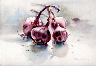 Still life with onions. Watercolor. Pittura intitolato "Still life with oni…" da Alla Prisakar, Opera d'arte originale, Acquarello