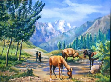 At the foot of the Mountains Pintura intitulada "At the foot of the…" por Olga Sunchali, Obras de arte originais, Óleo Montado em Armação em madeira
