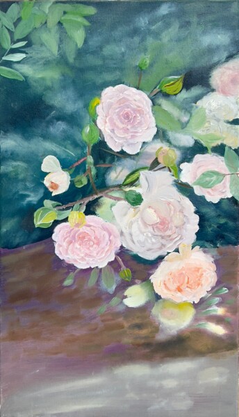 Painting titled "Pink Roses in Paste…" by Vera Sol, Original Artwork, Oil Mounted on Wood Stretcher frame