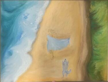 Painting titled "На пляже" by Олеся Волкова, Original Artwork, Oil Mounted on Cardboard