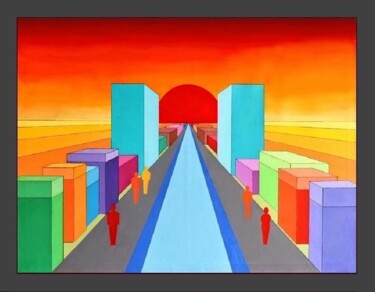 Schilderij getiteld "WALK IN THE CITY 1" door Alain Maters, Origineel Kunstwerk, Olie Gemonteerd op Frame voor houten branca…