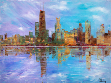 Reflections of Chicago Ζωγραφική με τίτλο "Reflections of Chic…" από Natalia Shchipakina, Αυθεντικά έργα τέχνης, Λάδι Τοποθετήθηκε στο Ξύλινο φορεί…
