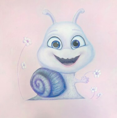Funny Snail Among Daisies on Pink Background 제목이 "Funny Snail Among D…"인 미술작품 Tatiana Belchenko로, 원작, 아크릴 나무 들것 프레임에 장착됨