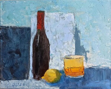 绘画 标题为“Wine And A Lemon” 由Julija Levuskane, 原创艺术品, 油 安装在木质担架架上