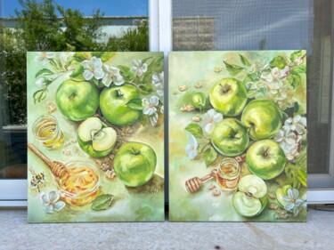 Painting titled "Apples & Honey_ dip…" by Alisa Cherkun Drukman, Original Artwork, Oil Mounted on Wood Stretcher frame