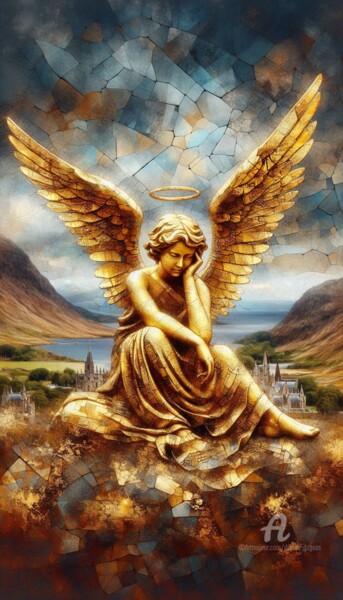 Digital Arts titled "Angelus Sedens" by Davina Dugnas, Original Artwork, Digital Painting Mounted on Wood Stretcher frame
