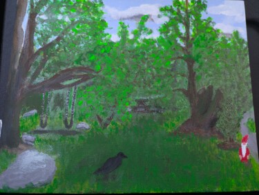 Painting titled "Crow Gnome Park" by C.R. Kunferman, Original Artwork, Acrylic Mounted on Wood Stretcher frame