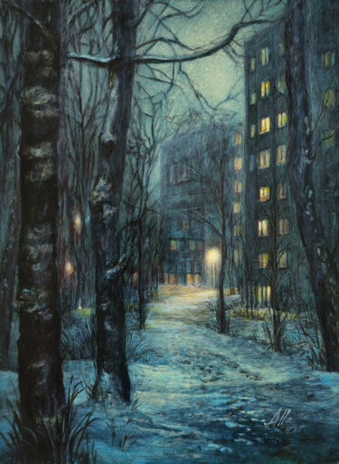 Winter Silence – Snowy City Path at Night Painting titled "Winter Silence – Sn…" by Alla Ostrovsky, Original Artwork, Acrylic