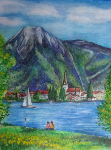 Tegernsee, Rottach-Egern Schilderij getiteld "Tegernsee, Rottach-…" door Olga Milova, Origineel Kunstwerk, Aquarel Gemonteerd op Karton