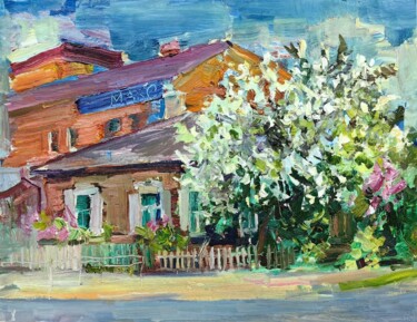 Картина под названием "Blooming Apple Tree" - Onpumi, Подлинное произведение искусства, Масло Установлен на Другая жесткая п…