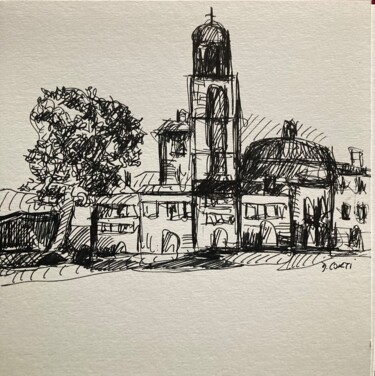 Dessin intitulée "LE CLOCHER" par Dominique Corti, Œuvre d'art originale, Encre