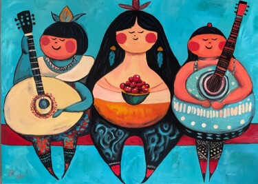 Whimsical Folk Art Orchestra_3 Peinture intitulée "Whimsical Folk Art…" par Victoria Kukuy, Œuvre d'art originale, Huile Monté sur Châssis en bois