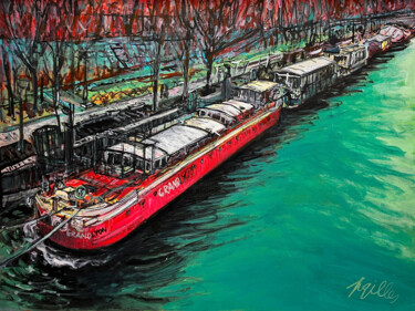 Schilderij getiteld "Péniche du Grand Ly…" door Toto Pissaco, Origineel Kunstwerk, Acryl Gemonteerd op Karton
