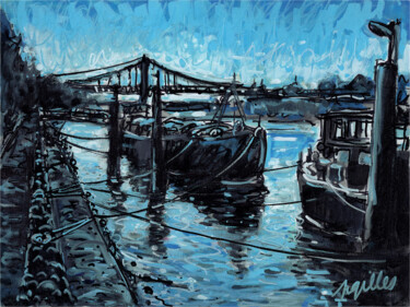 Schilderij getiteld "Péniche quai du Rhô…" door Toto Pissaco, Origineel Kunstwerk, Acryl Gemonteerd op Karton