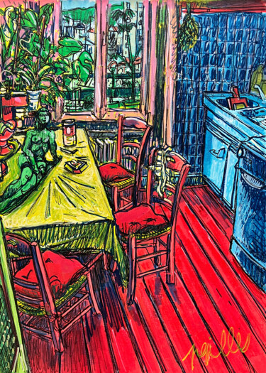 Painting titled "LA CUISINE ROUGE" by Toto Pissaco, Original Artwork, Acrylic Mounted on Cardboard
