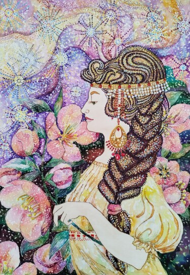 Pittura intitolato "Девушка и яблоня" da Vitalina Kineva, Opera d'arte originale, Acquarello