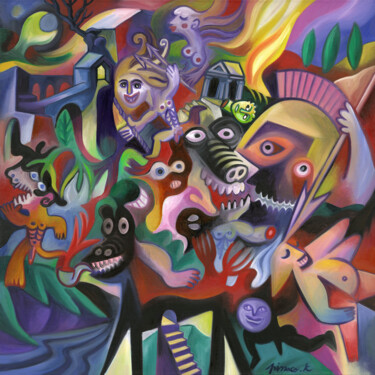 Peinture intitulée "La guerre de troie" par Toto Pissaco, Œuvre d'art originale, Huile Monté sur Châssis en bois