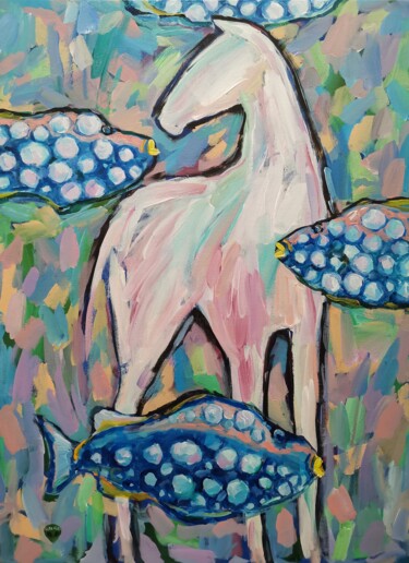 A white horse with blue fish. The triumph of freedom No. 2 Ζωγραφική με τίτλο "A white horse with…" από Serg Kuri, Αυθεντικά έργα τέχνης, Ακρυλικό