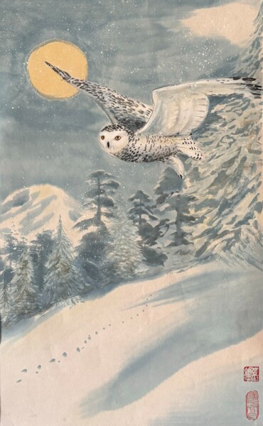 Flight of the polar owl over the forest Schilderij getiteld "Flight of the polar…" door Kristina Samodelova, Origineel Kunstwerk, Aquarel Gemonteerd op Frame voor h…