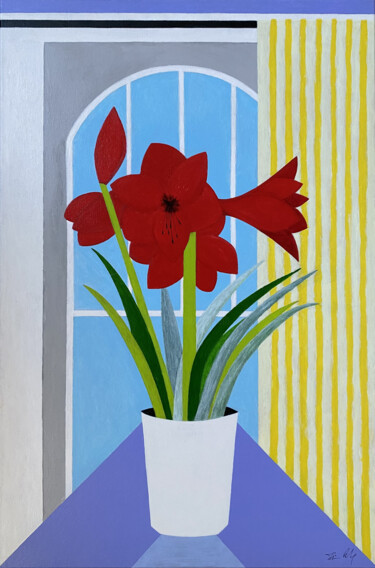 "Red Hippeastrum" başlıklı Tablo Irina Rabeja tarafından, Orijinal sanat, Akrilik Ahşap Sedye çerçevesi üzerine monte edilmiş
