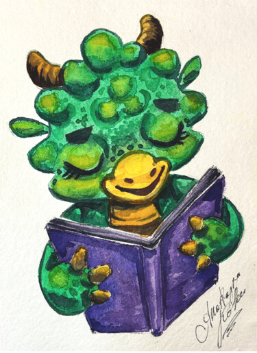 Watercolor Kawaii Dragon Reader - Cute Cartoon Drawing