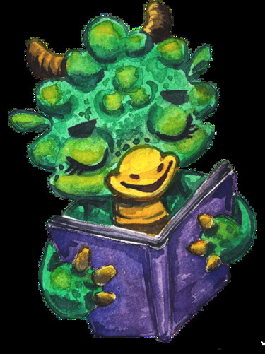 Watercolor Kawaii Dragon Reader - Cute Cartoon Drawing Ζωγραφική με τίτλο "Watercolor Kawaii D…" από Anastasia Kokler, Αυθεντικά έργα τέχνης, Ακουαρέλα