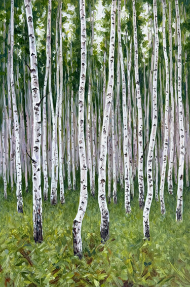 Schilderij getiteld "Birch forest" door Sundra, Origineel Kunstwerk, Olie