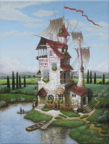 Картина под названием "House with sails." - Gorg Artist, Подлинное произведение искусства, Масло Установлен на Деревянная ра…