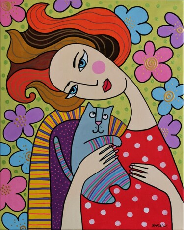 Girl with Kitten naïve style painting. Malerei mit dem Titel "Girl with Kitten na…" von Daheaven Art, Original-Kunstwerk, Acryl Auf Keilrahmen aus Holz montiert