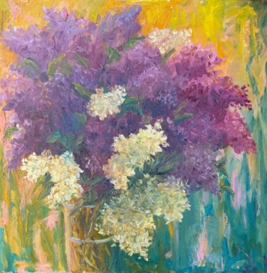 Pittura intitolato "fantastic lilac" da Natala Azarna, Opera d'arte originale, Olio Montato su Pannello di legno