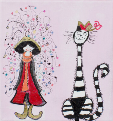 Pittura intitolato "Le chat et sa maitr…" da Maguie Mesguich, Opera d'arte originale, Acrilico Montato su Telaio per barella…