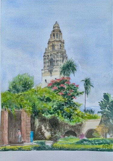 Schilderij getiteld "La California Tower…" door Kija, Origineel Kunstwerk, Aquarel